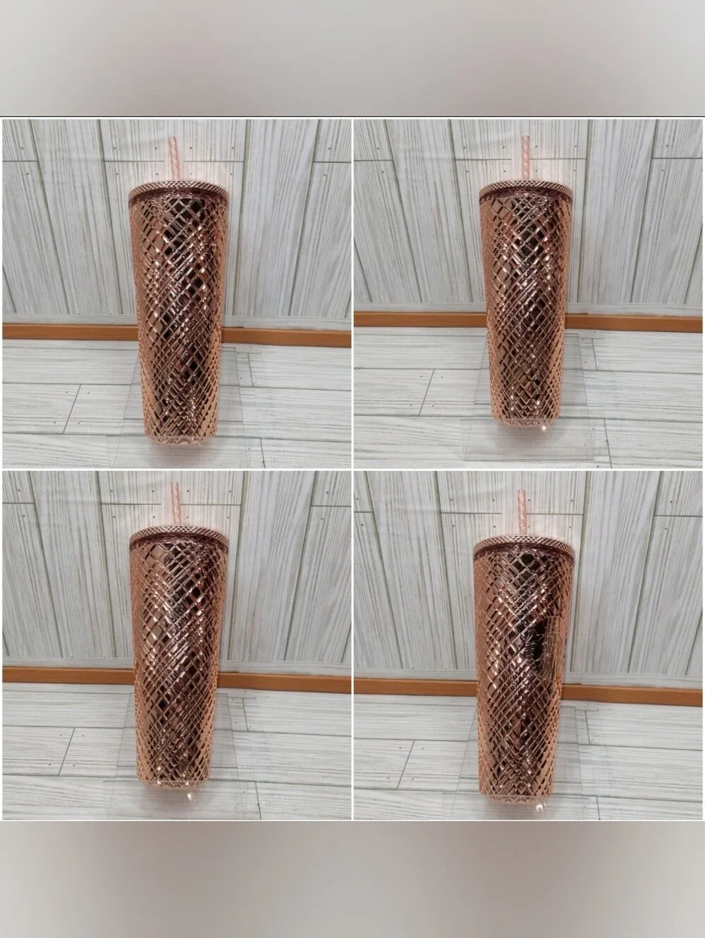 Starbucks 24oz Reflective Acrylic Rose Gold Diamond Textured Lid & Straw Tumbler